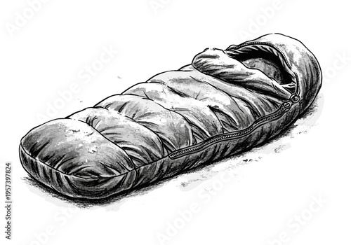 Detailed black and white illustration of a sleeping bag with zipper open, ready for use