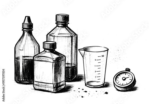 Hand-drawn illustration of laboratory bottles, measuring cup, and stopwatch on a white background