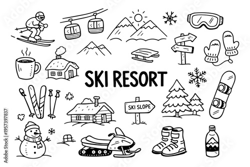 Ski resort doodle illustration in black and white hand drawn outline style with winter mountain vacation and skiing elements