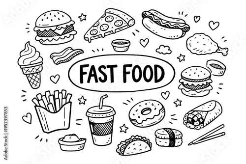 Fast food doodle illustration in black and white hand drawn outline style with street food, snacks and takeaway meal elements