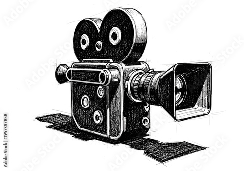 Vintage film camera sketch with dramatic shading and clean white background