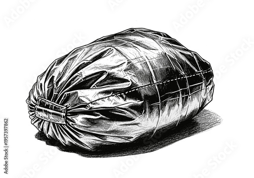 Detailed illustration of a shiny, crinkled sleeping bag on a white background