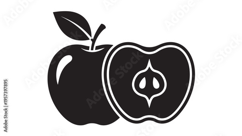 Apple whole and halved with leaf and stem, stylized black and white graphic. featuring fruit, food, healthy with organic and fresh elements for