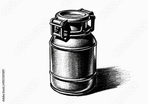 Vintage metal milk can with secure latching lid, hand-drawn illustration