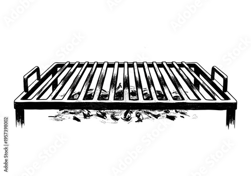 Black and white illustration of a metal grill grate with embers below, isolated on white