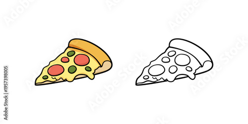 Pizza slice vector illustration set, pepperoni pizza colorful and line art doodle.