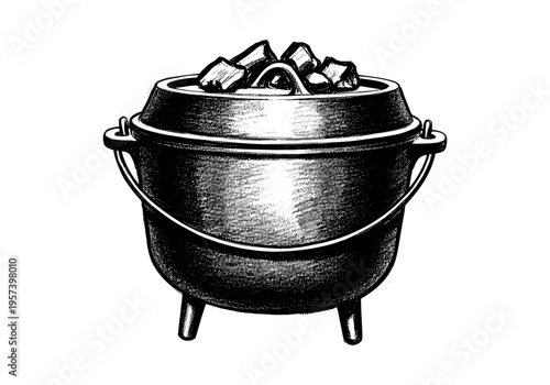 Vintage cast iron Dutch oven filled with charcoal briquettes for cooking outdoors