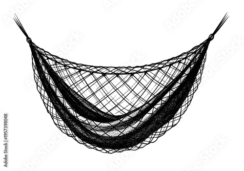 Hand drawn black fishing net hanging in a curve against a white background