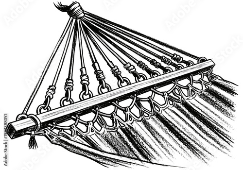 Close-up illustration of a hammock's sturdy wooden spreader bar with metal chain links and ropes