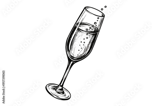 Hand-drawn sketch of a champagne flute filled with bubbly liquid and effervescent bubbles rising