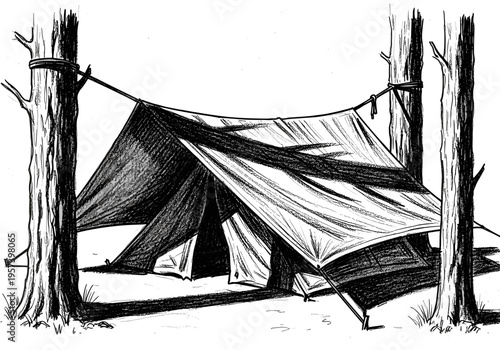 Hand-drawn sketch of a tarp shelter set up between two trees in a forest