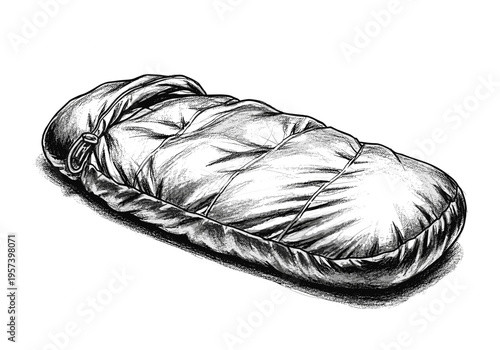 Detailed sketch of a tightly packed sleeping bag with drawstring closure and cord ties