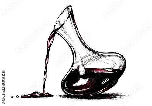 Artistic illustration of red wine being poured into a decanter with a unique, elegant shape
