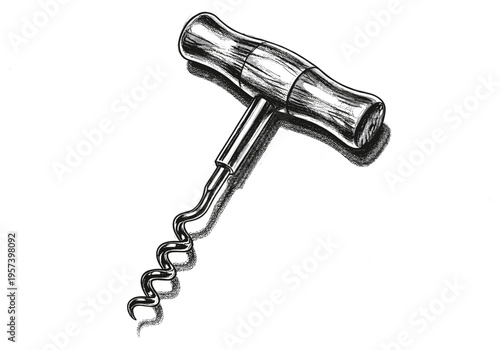 Classic T-shaped corkscrew with a polished wooden handle and metal worm, isolated on white