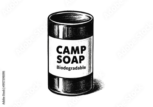 Vintage illustration of a biodegradable camp soap bar in a tin can, perfect for outdoor adventures