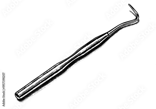 Close-up illustration of a dental explorer tool with a curved, pointed tip on a white background