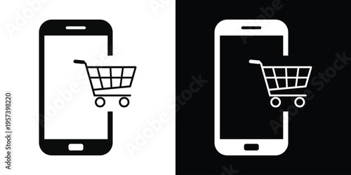 Minimalist line art of a shopping cart integrated into a smartphone frame. Modern icon for mobile commerce, digital retail, e-shop apps, and online marketplace interface design elements.