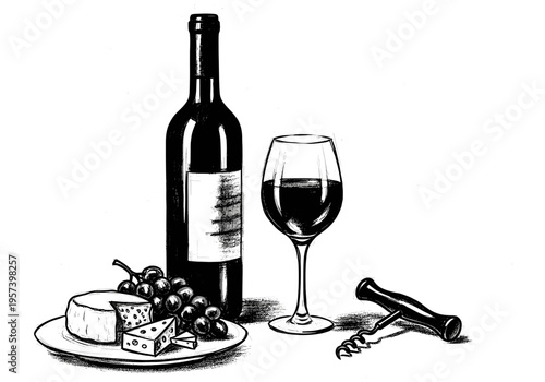 Classic still life of red wine, cheese, grapes, and corkscrew in a sketch style