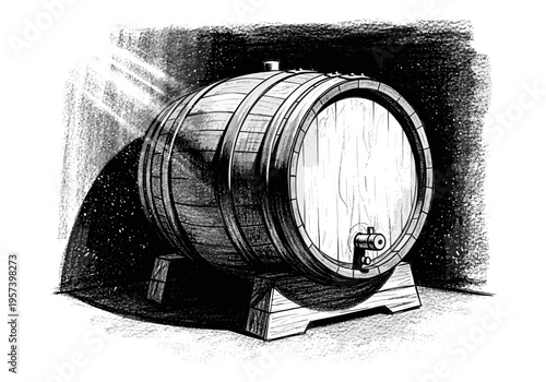 Vintage wooden barrel with spigot resting on a stand in a dimly lit cellar
