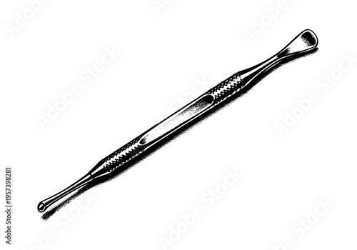 Black and white illustration of a double-ended surgical instrument for ear cleaning
