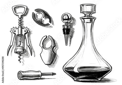 Collection of wine accessories including a corkscrew, bottle opener, and decanter