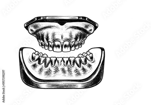 Detailed black and white illustration of human teeth and jaw models on a white background
