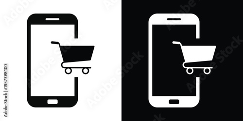 Minimalist line art of a shopping cart integrated into a smartphone frame. Modern icon for mobile commerce, digital retail, e-shop apps, and online marketplace interface design elements.