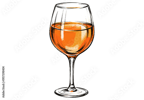 Hand-drawn sketch of a wine glass filled with amber-colored liquid, isolated on white