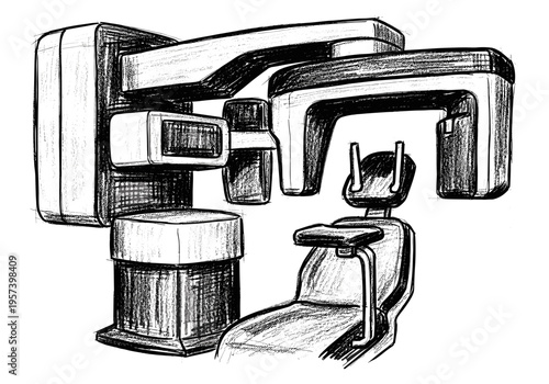 Sketch of a modern dental cone beam computed tomography machine and patient chair