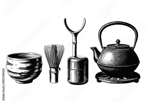 Traditional Japanese matcha tea ceremony set with whisk, scoop, bowl, and kettle