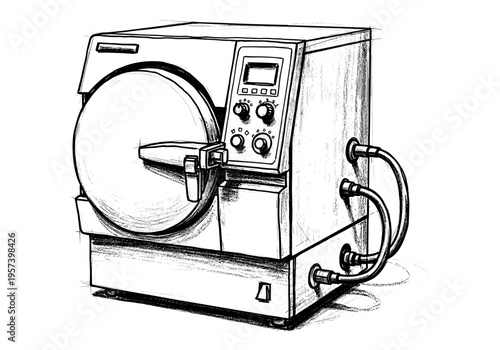 Sketch of a laboratory centrifuge machine with control panel and hoses