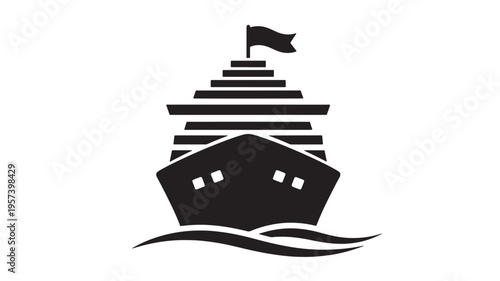 Ship front view with flag and wave graphic featuring boat, vessel, ferry with liner and yacht elements for sea, ocean projects, clean composition on