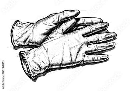 Hand-drawn sketch of medical gloves, emphasizing texture and form