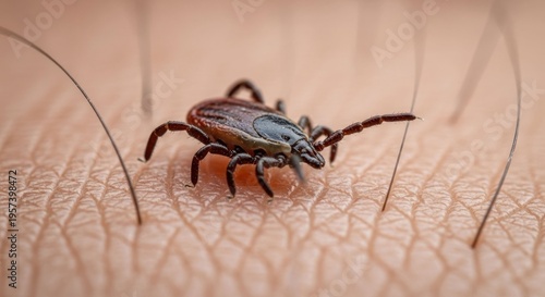 Tick on skin, close-up view, visible hairs and texture