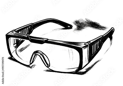 Hand-drawn sketch of protective safety goggles with a modern, sleek design and ventilation
