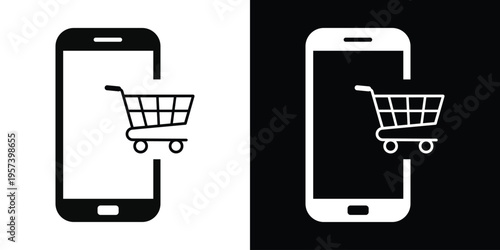 Minimalist line art of a shopping cart integrated into a smartphone frame. Modern icon for mobile commerce, digital retail, e-shop apps, and online marketplace interface design elements.