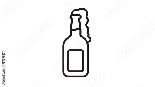 Bottle of beer with foam spilling out, a simple black and white line art icon for beverages and drinks.