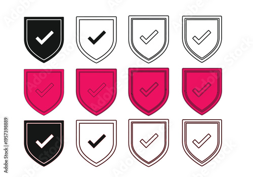 Set of twelve shields with check marks in black, red, and white, check mark