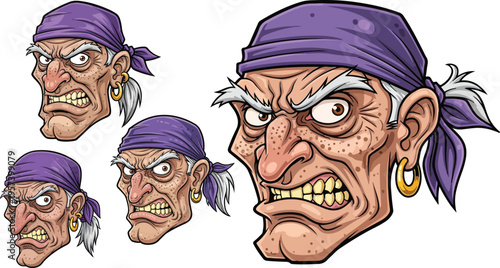 Cartoon angry old man's face with a purple bandana and a gold hoop earring, baring his teeth in a fierce snarl on transparent background. on transparent background