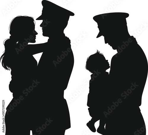 Military soldier silhouette set featuring emotional homecoming scenes with husband hugging wife and father holding his baby for patriotic designs