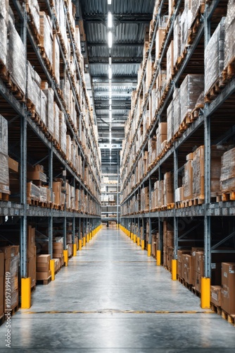 Large industrial warehouse with high pallet racking and stocked shelves for logistics, inventory and industrial background use