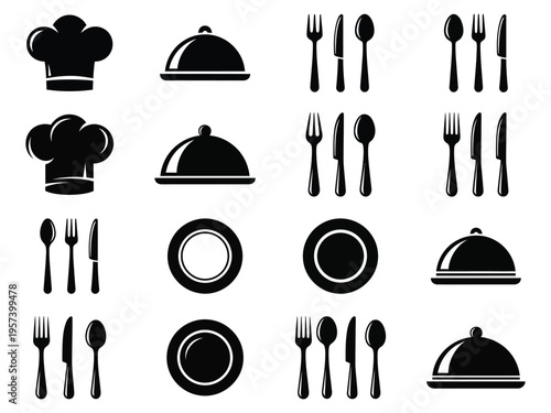 Collection of restaurant and kitchen utensil icons in black and white