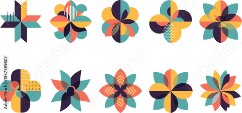 Abstract geometric flower shapes set with colorful patterns, modern decorative floral icons collection for design and branding vector illustration