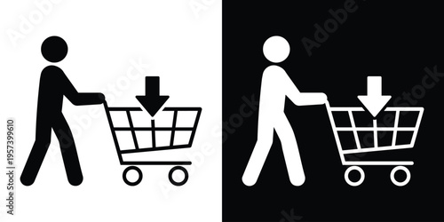 Icon of a person pushing a shopping cart with a downward arrow. Concept for adding items to basket, consumer behavior, retail purchase, and e-commerce transactions in a clean graphic design.