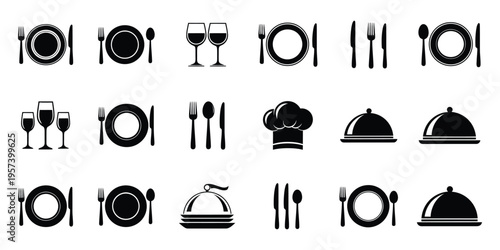Collection of restaurant table setting icons and food service symbols