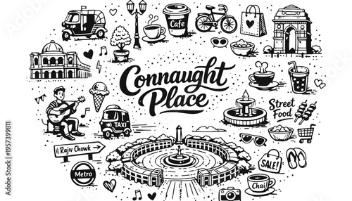 Connaught Place illustration with various iconic landmarks and symbols