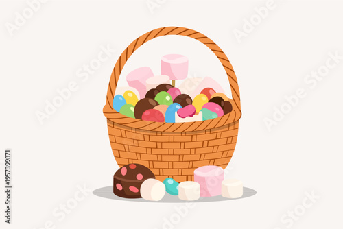 Easter wicker basket filled with pink marshmallows, chocolate balls, and colorful jelly beans. Vector illustration of sweet holiday candies and treats in flat cartoon style.