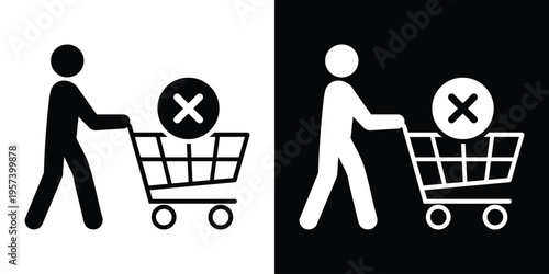 Person pushing a shopping cart with a cross or "X" mark. Symbolizes canceling an order, removing items from basket, rejected transactions, or empty cart status for web and app interfaces.