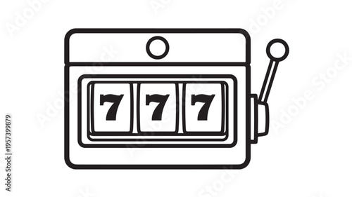 Slot machine icon with three sevens displayed on the reels and a lever on the side for gambling. featuring casino, lucky seven, jackpot with game and