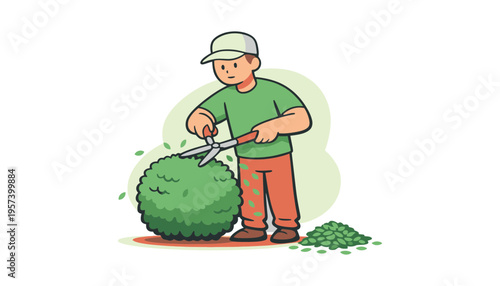 A man in a green shirt trimming a bush with large scissors